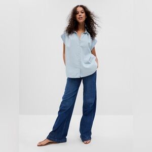 GAP NWT❗️Oversized Chambray Denim Dolman Sleeve Button Down Top Cap Sleeve
